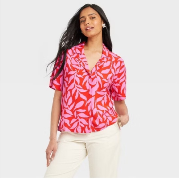 NEW A New Day Women’s Crepe Short Sleeve Button Down Bright Pink Large - Picture 13 of 13